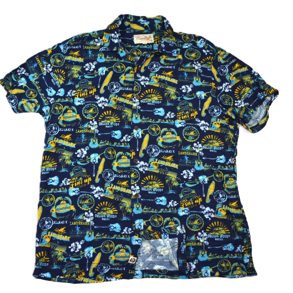 Margaritaville Mens XL Landshark Fins Up Rayon Hawaiian Camp Shirt Navy Blue